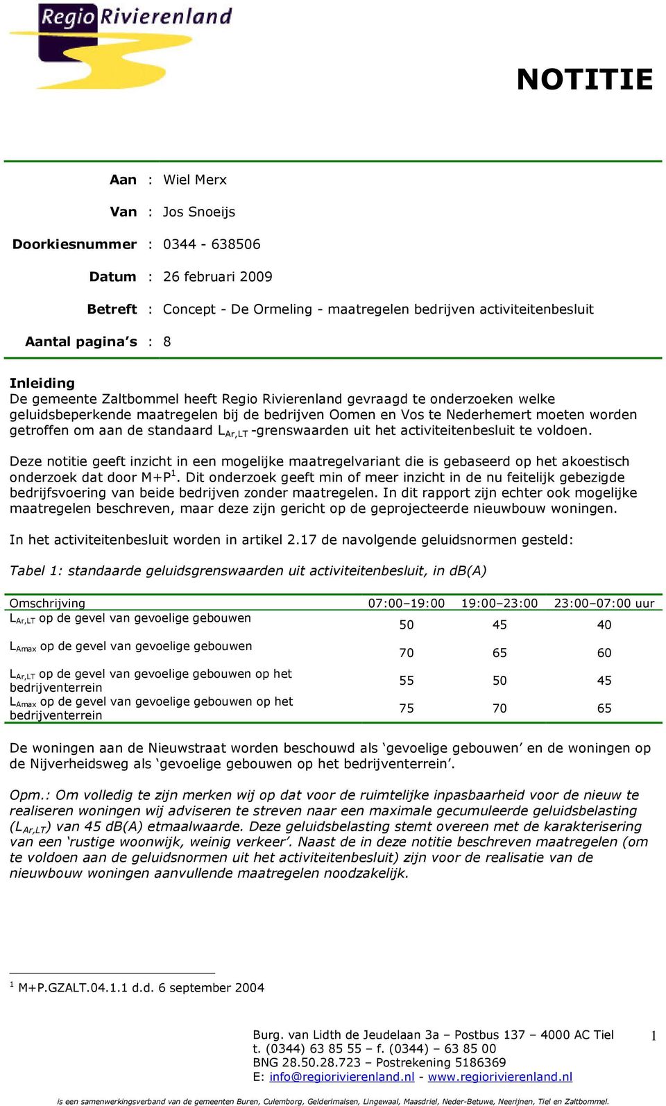 Ar,LT -grenswaarden uit het activiteitenbesluit te voldoen. Deze notitie geeft inzicht in een mogelijke maatregelvariant die is gebaseerd op het akoestisch onderzoek dat door M+P 1.