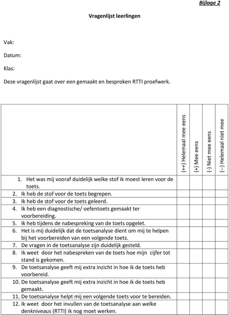 Ik heb een diagnostische/ oefentoets gemaakt ter voorbereiding. 5. Ik heb tijdens de nabespreking van de toets opgelet. 6.