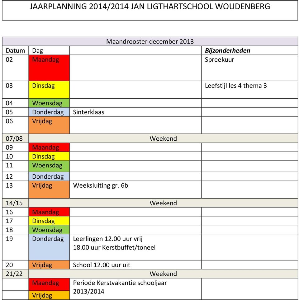 6b 14/15 Weekend 16 Maandag 17 Dinsdag 18 Woensdag 19 Donderdag Leerlingen 12.00 uur vrij 18.