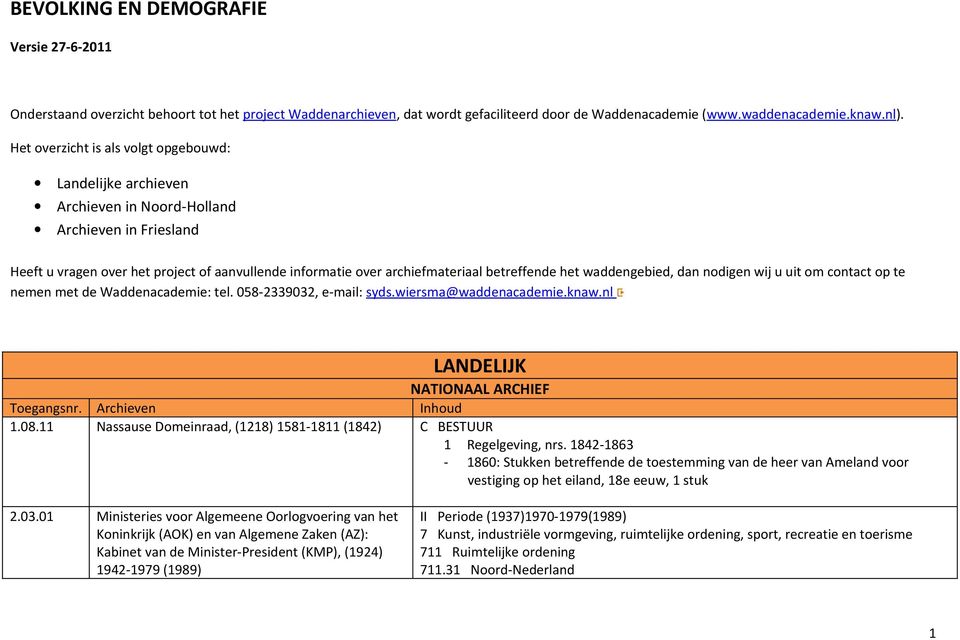 betreffende het waddengebied, dan nodigen wij u uit om contact op te nemen met de Waddenacademie: tel. 058-2339032, e-mail: syds.wiersma@waddenacademie.knaw.nl LANDELIJK NATIONAAL ARCHIEF Toegangsnr.