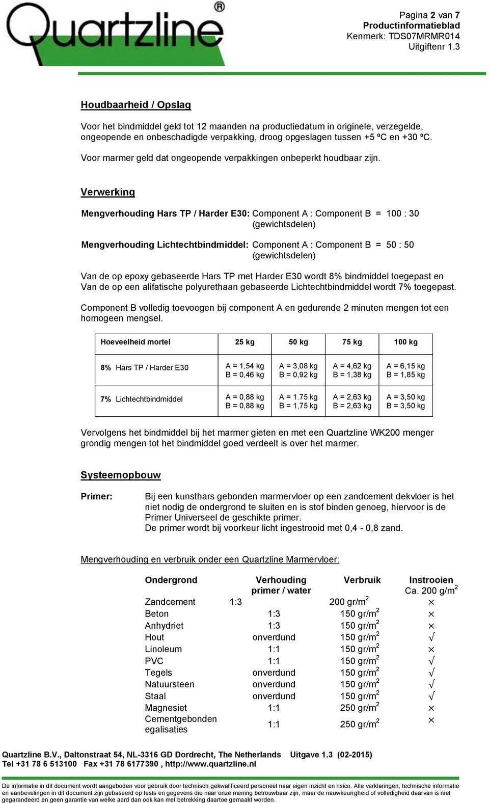 Verwerking Mengverhouding Hars TP / Harder E30: Component A : Component B = 100 : 30 (gewichtsdelen) Mengverhouding Lichtechtbindmiddel: Component A : Component B = 50 : 50 (gewichtsdelen) Van de op