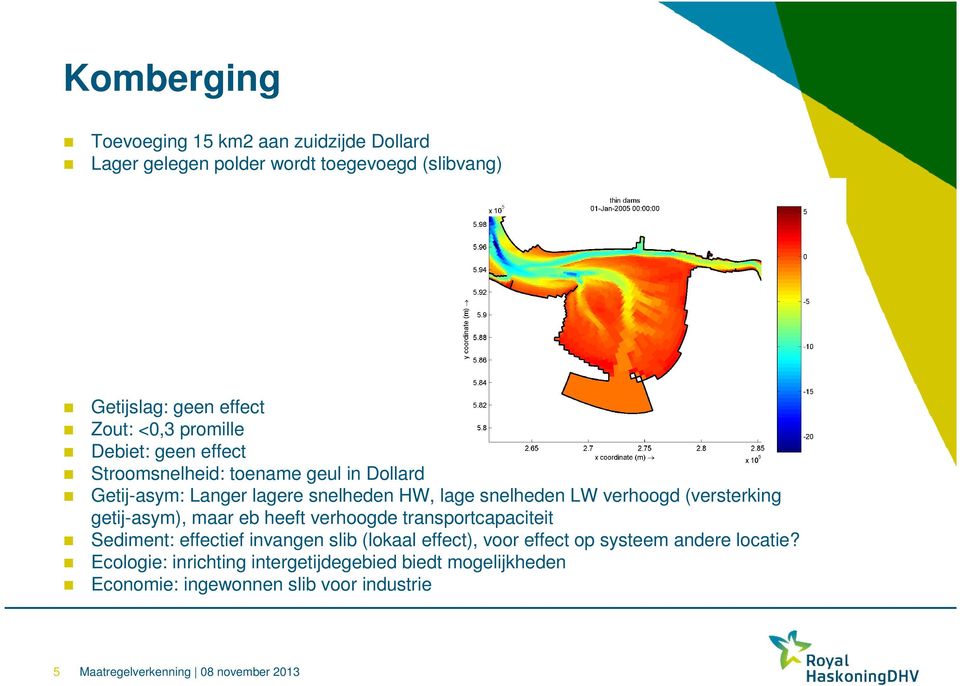 verhoogd (versterking getij-asym), maar eb heeft verhoogde transportcapaciteit Sediment: effectief invangen slib (lokaal effect),