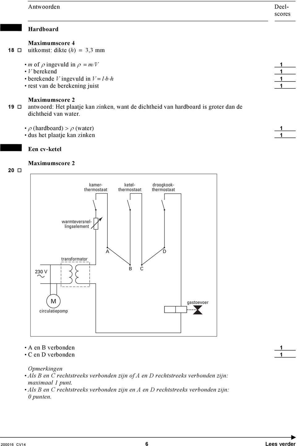 ρ (hardboard) > ρ (water) 1 dus het plaatje kan zinken 1 Een cv-ketel 20 warmteversnellingselement kamerthermostaat ketelthermostaat droogkookthermostaat transformator A D 230 V