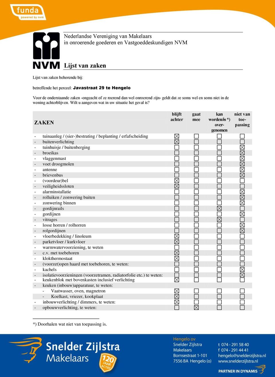 ZAKEN - tuinaanleg / (sier-)bestrating / beplanting / erfafscheiding - buitenverlichting - tuinhuisje / buitenberging - broeikas - vlaggenmast - voet droogmolen - antenne - brievenbus - (voordeur)bel