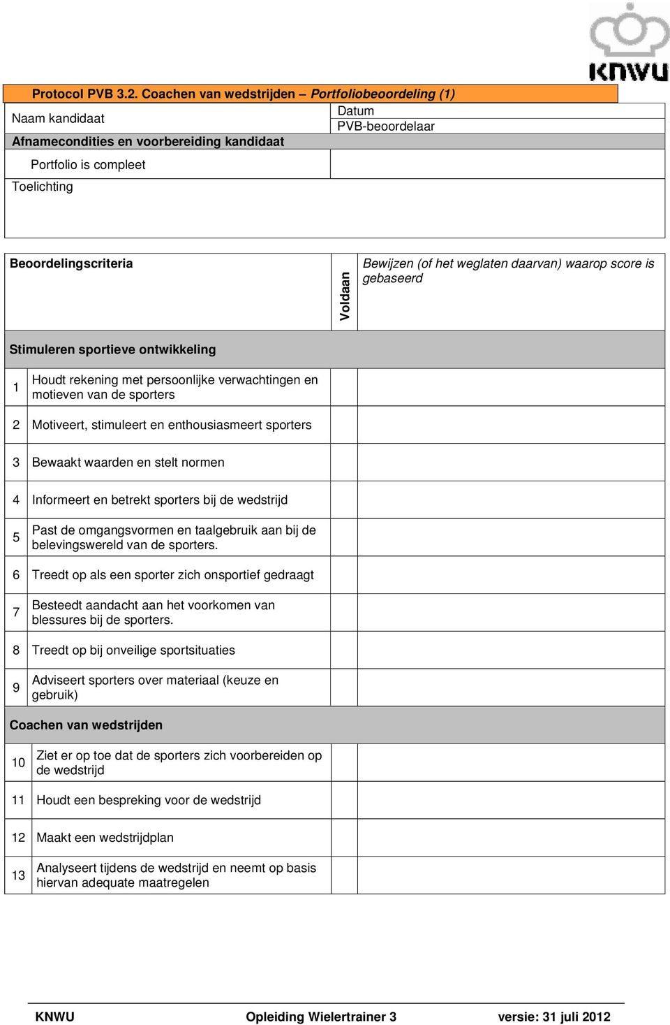 Bewijzen (of het weglaten daarvan) waarop score is gebaseerd Stimuleren sportieve ontwikkeling 1 Houdt rekening met persoonlijke verwachtingen en motieven van de sporters 2 Motiveert, stimuleert en