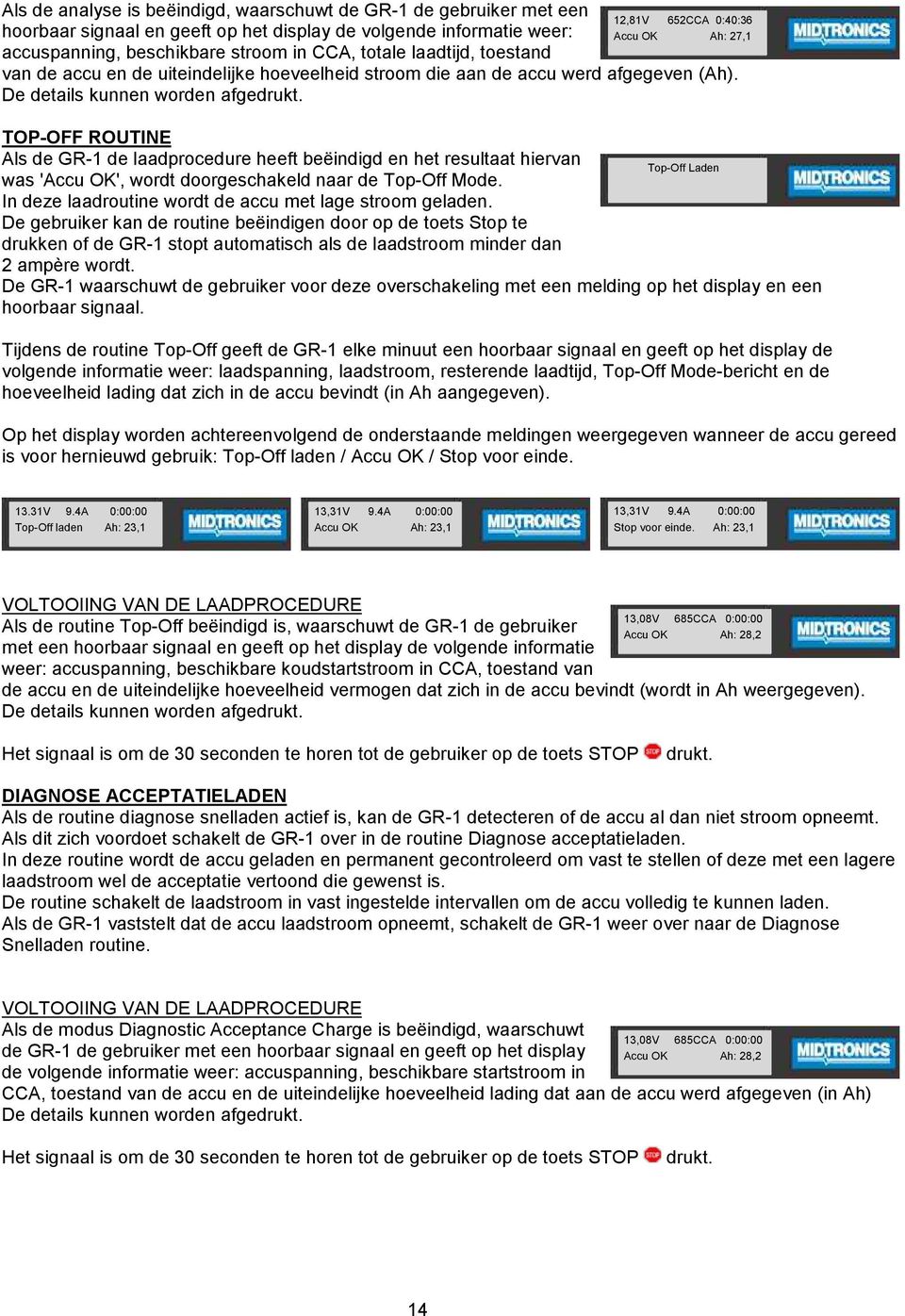12,81V 652CCA 0:40:36 Accu OK Ah: 27,1 TOP-OFF ROUTINE Als de GR-1 de laadprocedure heeft beëindigd en het resultaat hiervan Top-Off Laden was 'Accu OK', wordt doorgeschakeld naar de Top-Off Mode.