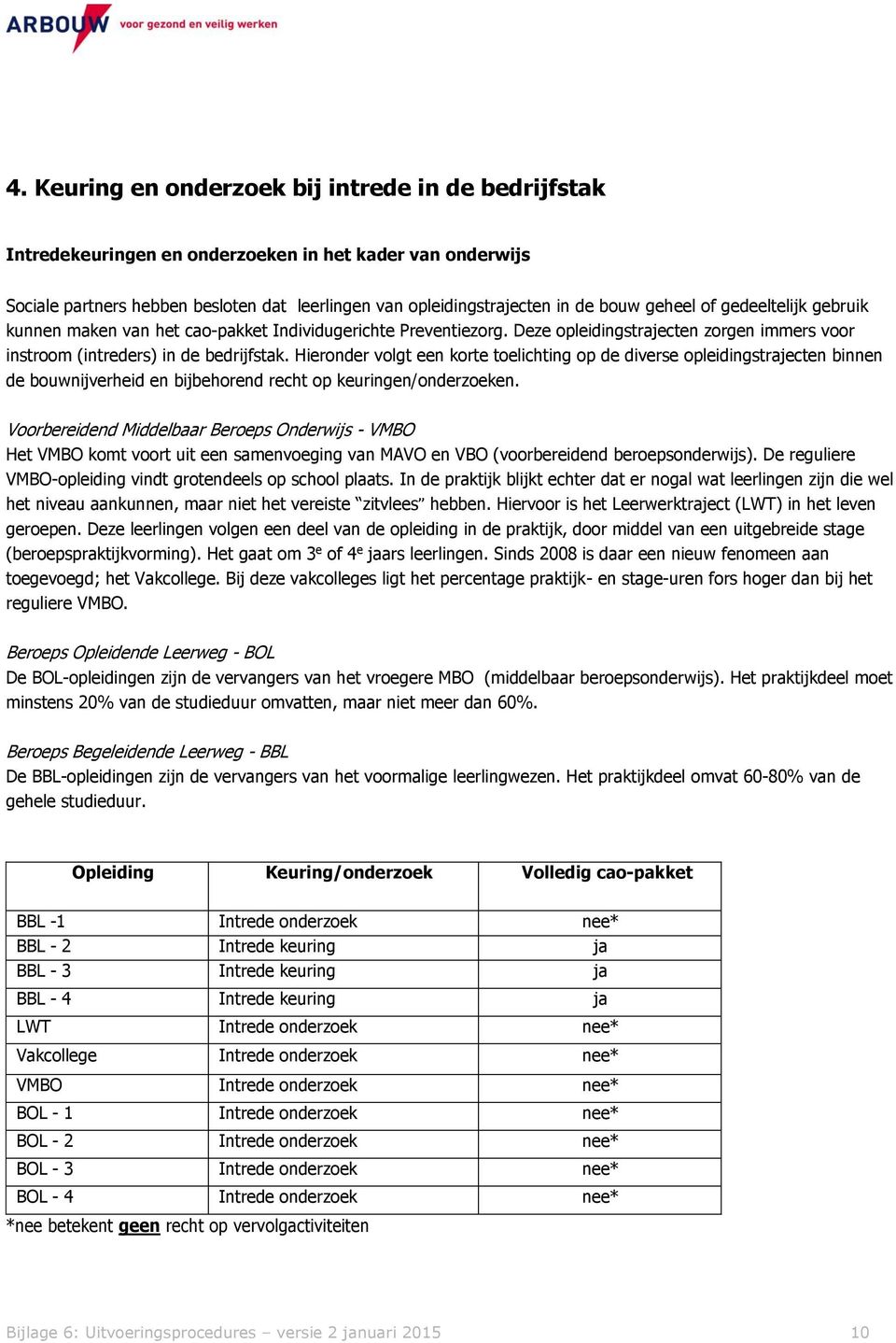 Hieronder volgt een korte toelichting op de diverse opleidingstrajecten binnen de bouwnijverheid en bijbehorend recht op keuringen/onderzoeken.