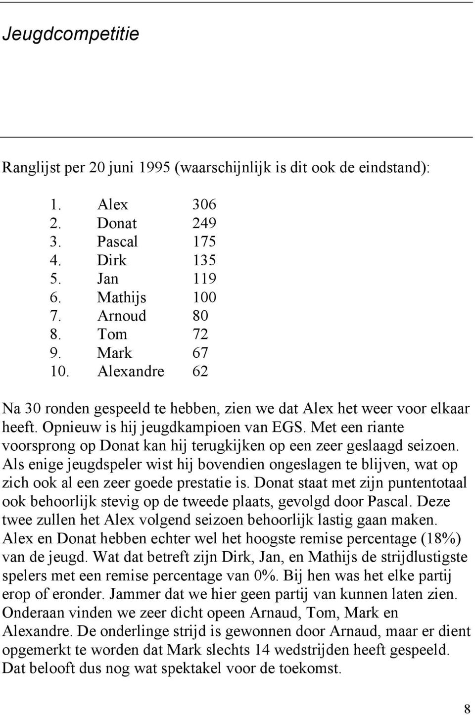 Met een riante voorsprong op Donat kan hij terugkijken op een zeer geslaagd seizoen. Als enige jeugdspeler wist hij bovendien ongeslagen te blijven, wat op zich ook al een zeer goede prestatie is.