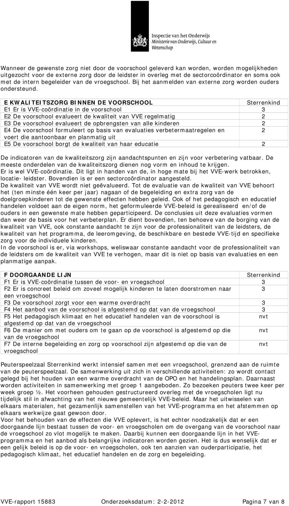 E KWALITEITSZORG BINNEN DE VOORSCHOOL E1 Er is VVE-coördinatie in de voorschool E2 De voorschool evalueert de kwaliteit van VVE regelmatig 2 E De voorschool evalueert de opbrengsten van alle kinderen