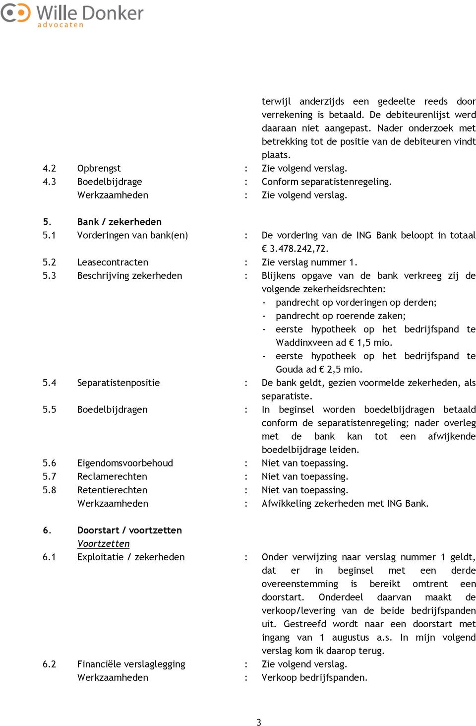 1 Vorderingen van bank(en) : De vordering van de ING Bank beloopt in totaal 3.478.242,72. 5.