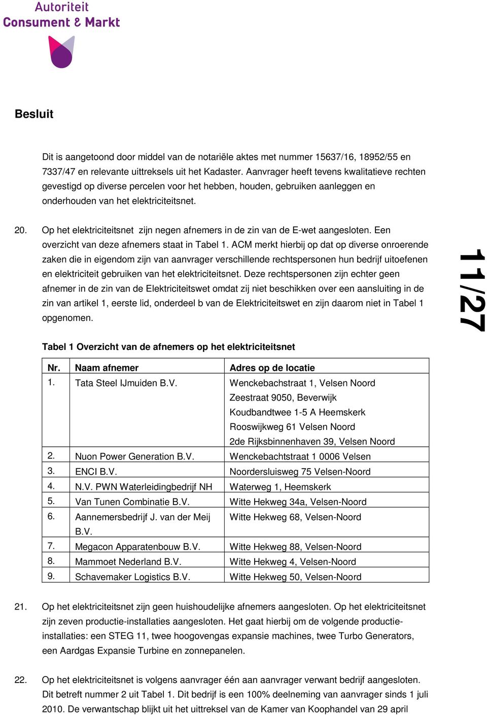 Op het elektriciteitsnet zijn negen afnemers in de zin van de E-wet aangesloten. Een overzicht van deze afnemers staat in Tabel 1.