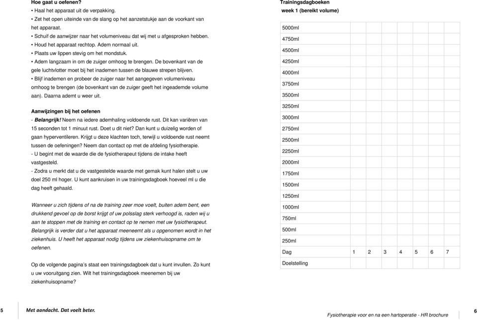 Adem langzaam in om de zuiger omhoog te brengen. De bovenkant van de gele luchtvlotter moet bij het inademen tussen de blauwe strepen blijven.