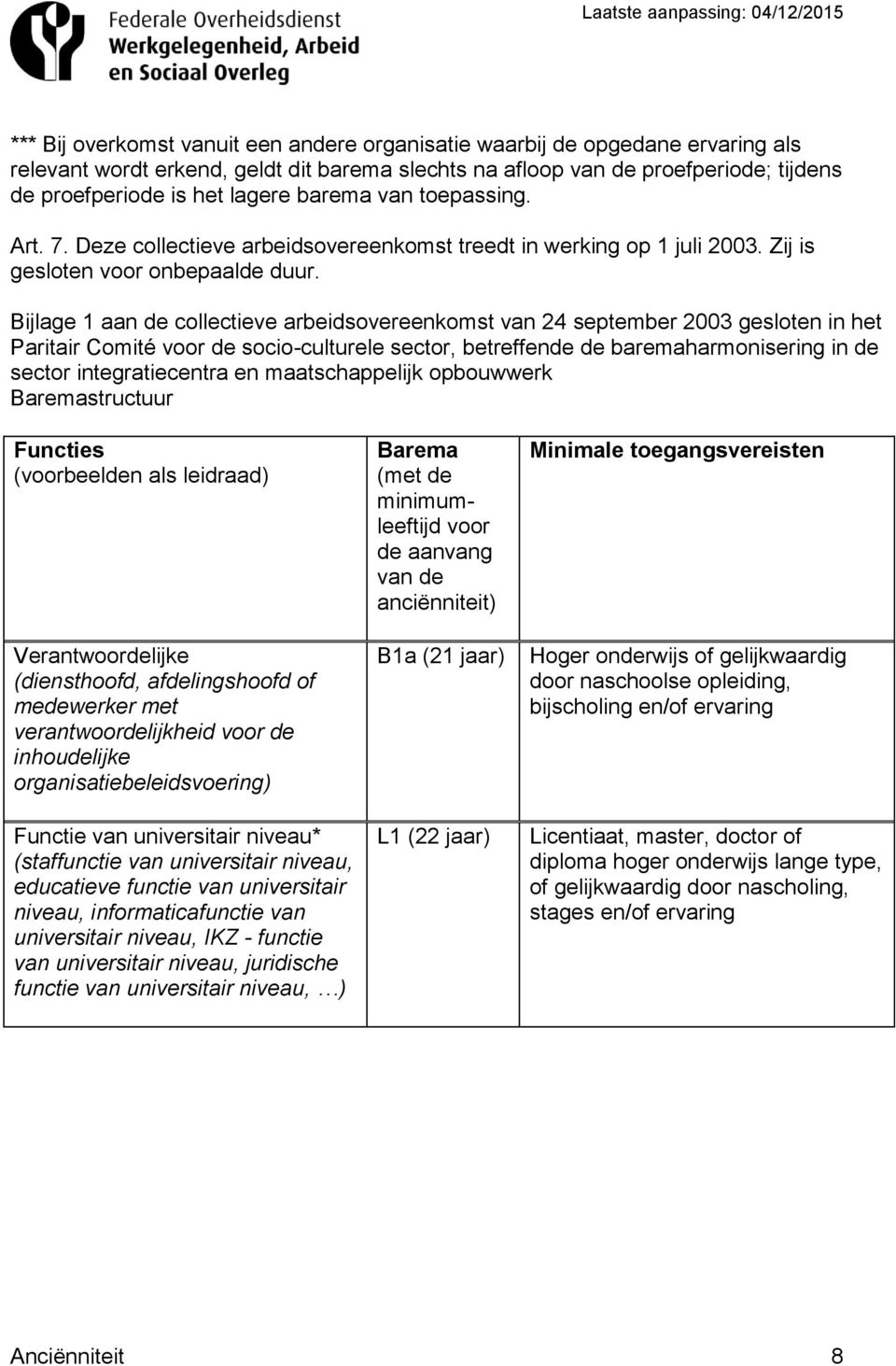 Bijlage 1 aan de collectieve arbeidsovereenkomst van 24 september 2003 gesloten in het Paritair Comité voor de socio-culturele sector, betreffende de baremaharmonisering in de sector integratiecentra