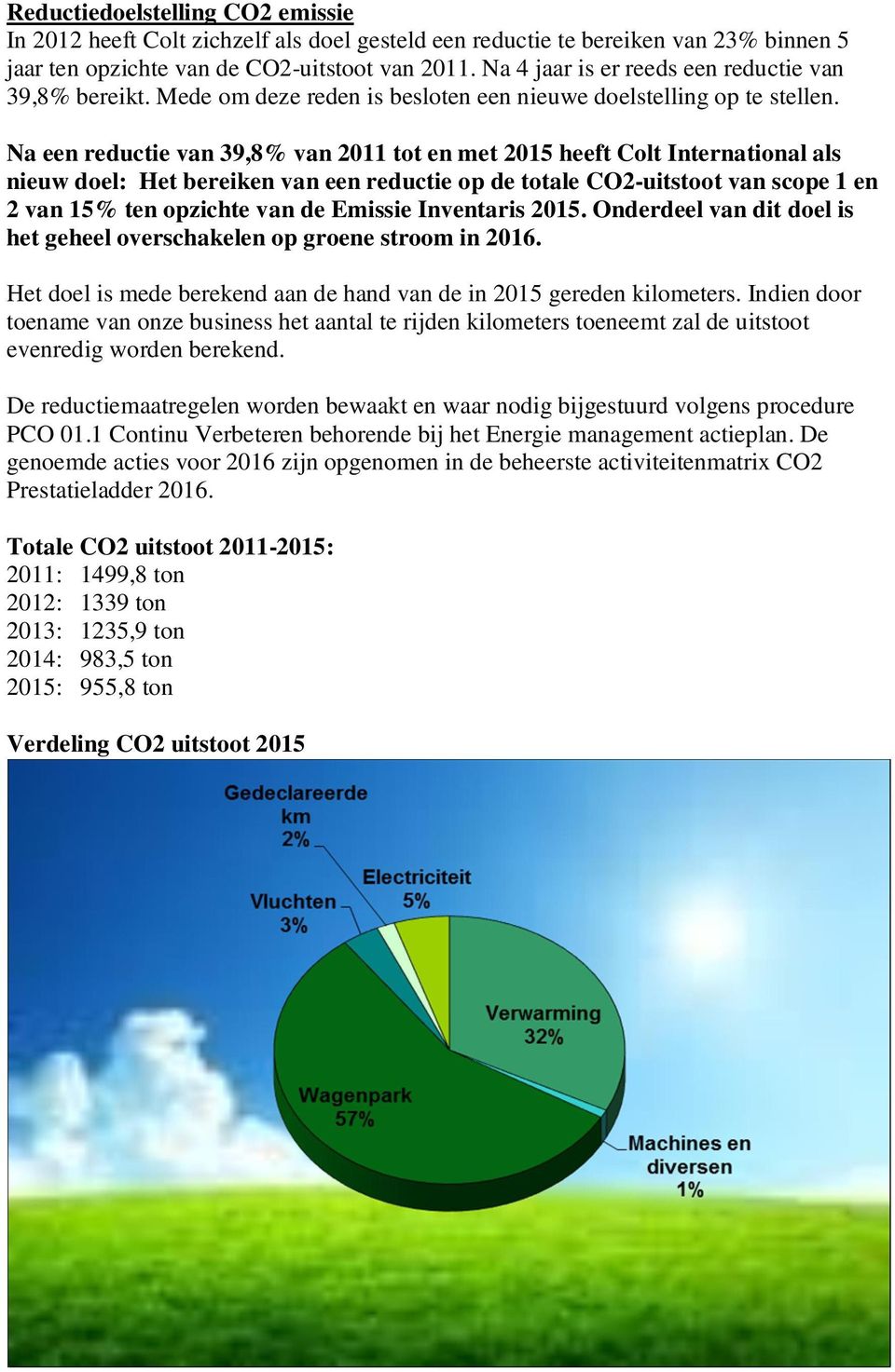 Na een reductie van 39,8% van 2011 tot en met 2015 heeft Colt International als nieuw doel: Het bereiken van een reductie op de totale CO2-uitstoot van scope 1 en 2 van 15% ten opzichte van de