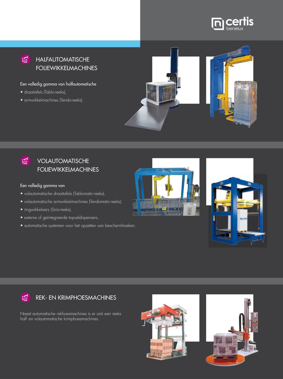 armwikkelmachines (Tendomatic-reeks), ringwikkelaars (Sirio-reeks), externe of geïntegreerde topveldispensers, automatische systemen voor