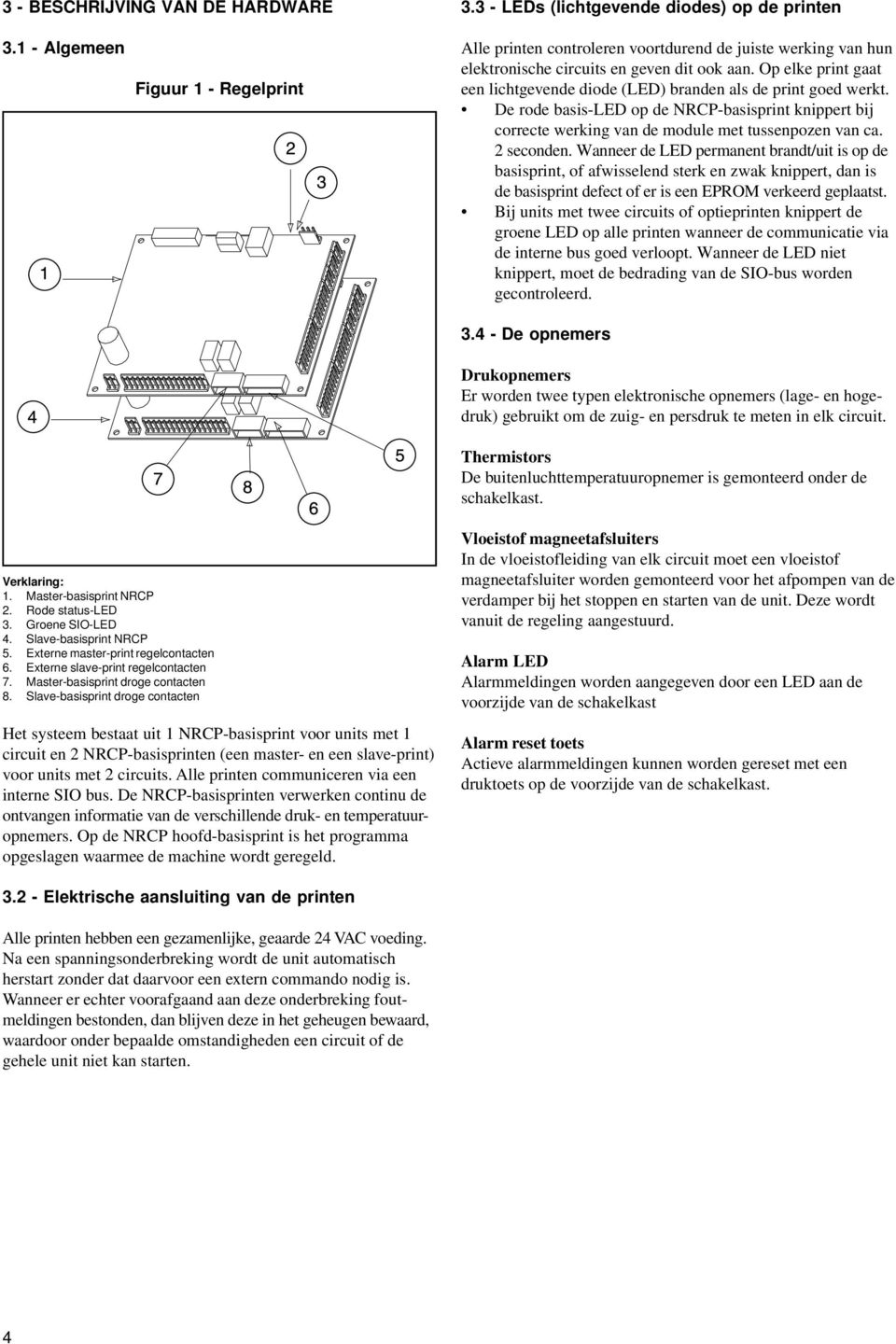 Op elke print gaat een lichtgevende diode (LED) branden als de print goed werkt. De rode basis-led op de NRCP-basisprint knippert bij correcte werking van de module met tussenpozen van ca. 2 seconden.