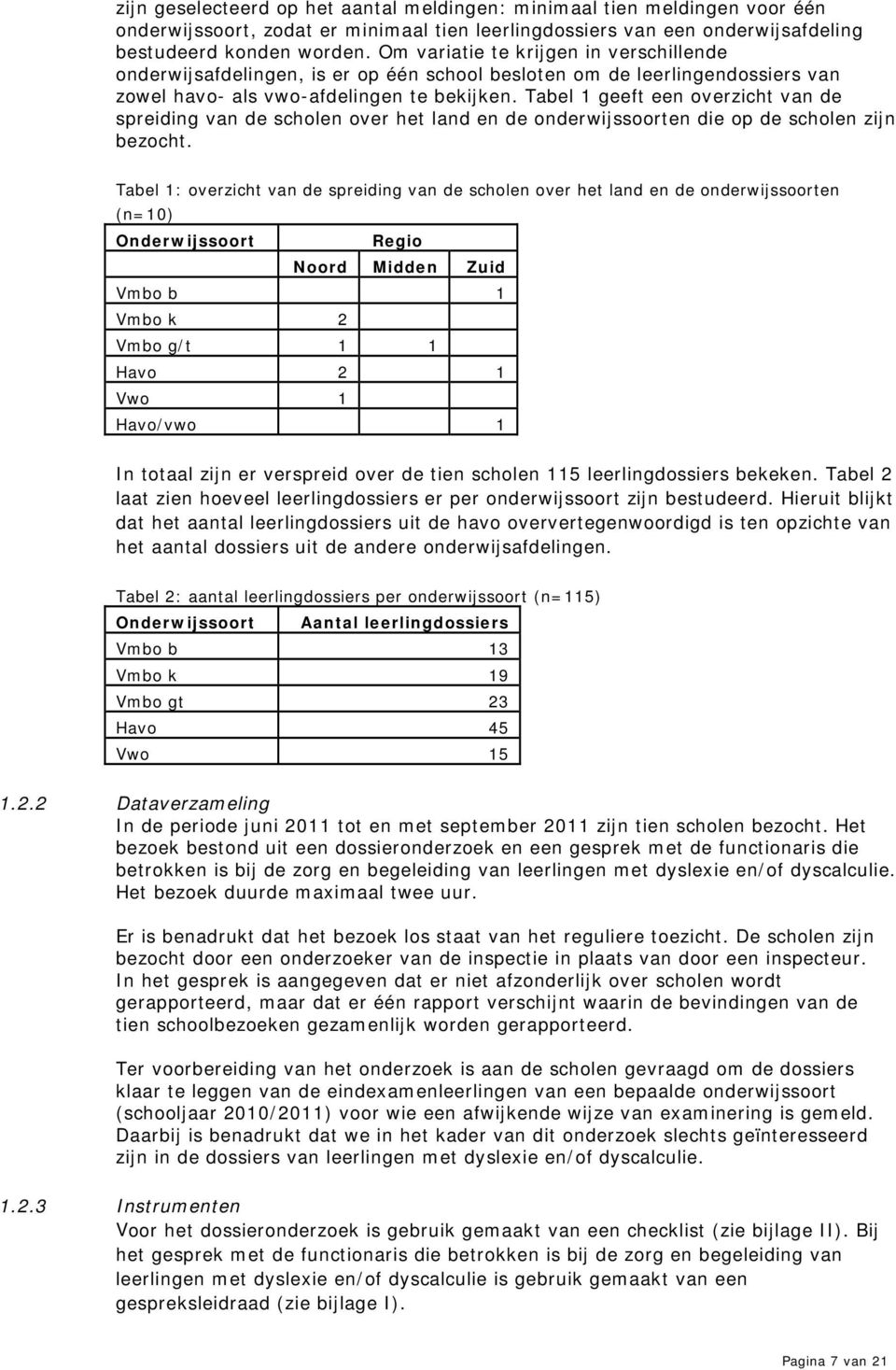 Tabel 1 geeft een overzicht van de spreiding van de scholen over het land en de onderwijssoorten die op de scholen zijn bezocht.