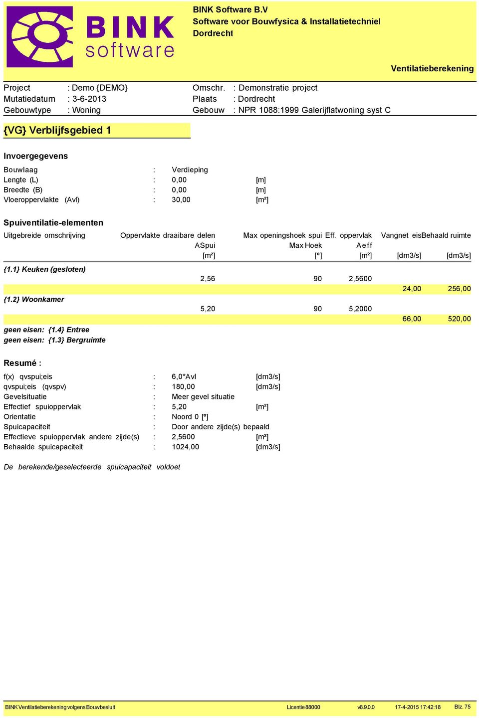 3} Bergruimte f(x) qvspui;eis : 6,0*Avl [dm3/s] qvspui;eis (qvspv) : 180,00 [dm3/s] Gevelsituatie : Meer gevel situatie Effectief spuioppervlak : 5,20 [m²] Orientatie : Noord 0 [º]