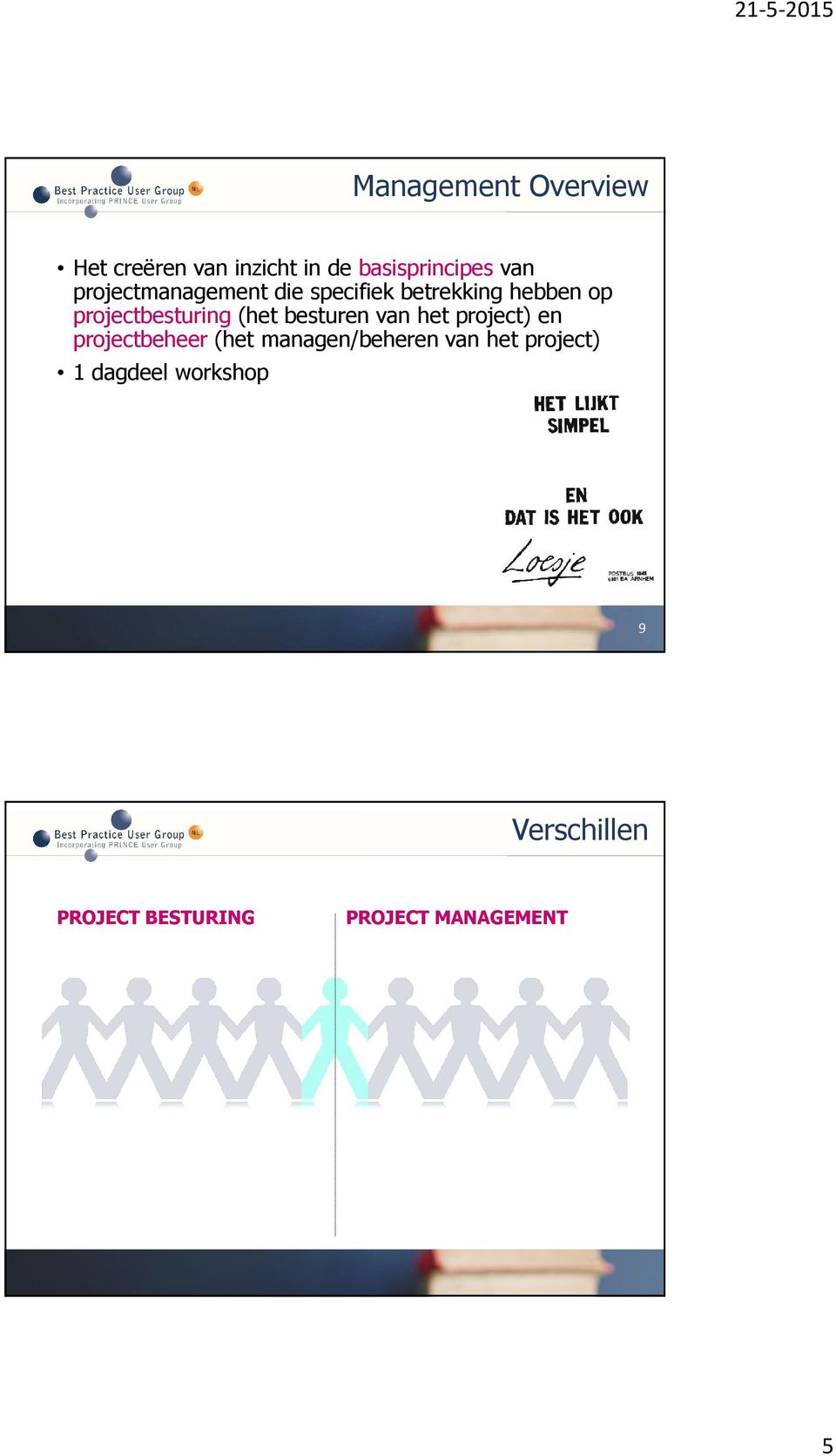 (het besturen van het project) en projectbeheer (het managen/beheren van