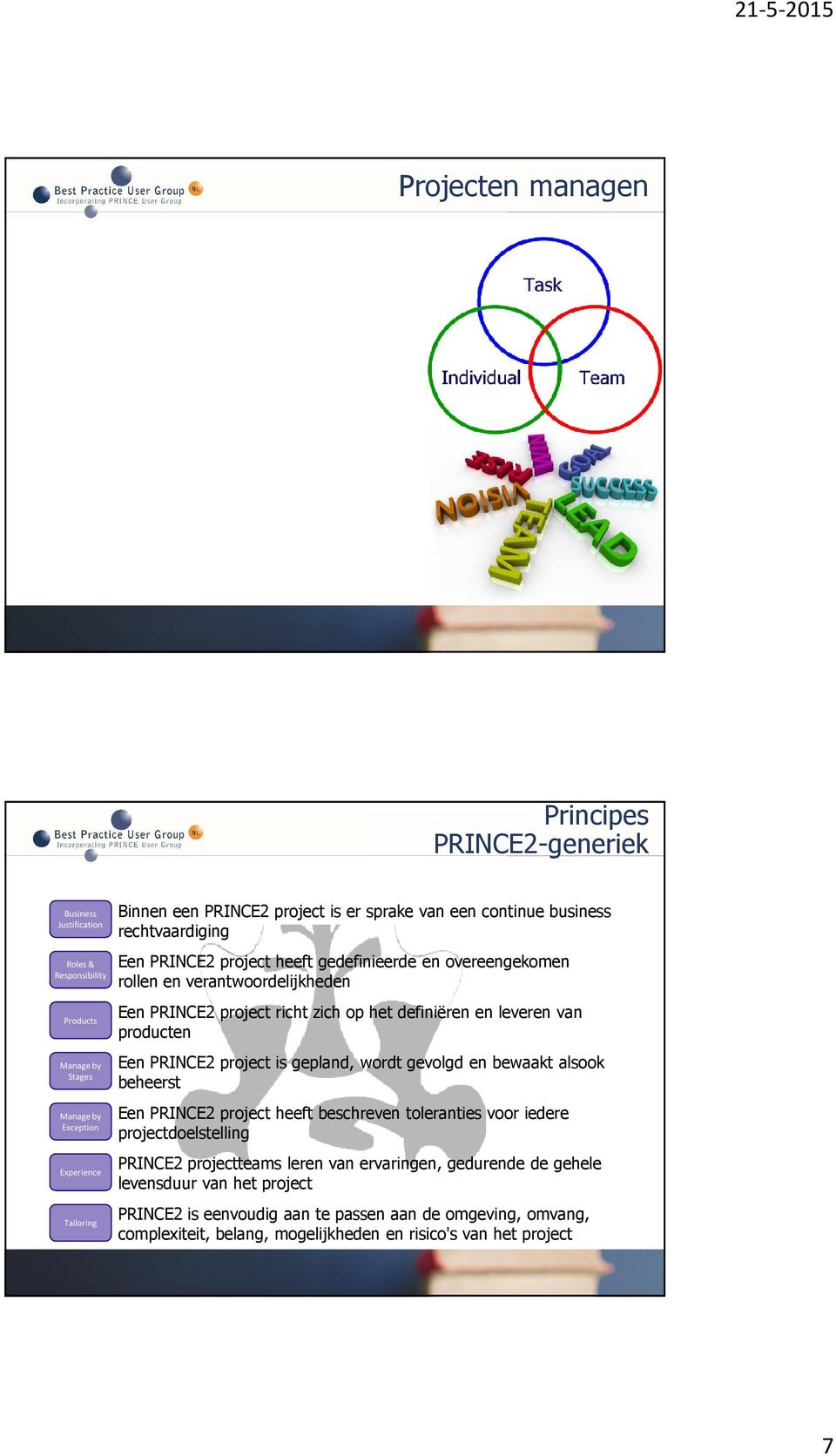 leveren van producten Een PRINCE2 project is gepland, wordt gevolgd en bewaakt alsook beheerst Een PRINCE2 project heeft beschreven toleranties voor iedere projectdoelstelling PRINCE2