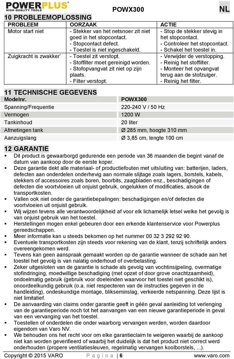 Spanning/Frequentie Vermogen Tankinhoud Afmetingen tank Aanzuigslang - Toestel zit verstopt. - Stoffilter moet gereinigd worden. - Stofopvangvat zit niet op zijn plaats. - Filter verstopt.