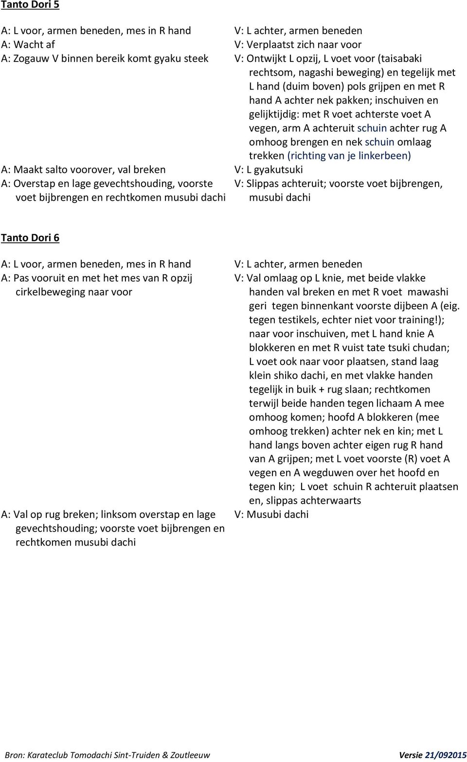 achteruit schuin achter rug A omhoog brengen en nek schuin omlaag trekken (richting van je linkerbeen) A: Maakt salto voorover, val breken V: L gyakutsuki A: Overstap en lage gevechtshouding, voorste