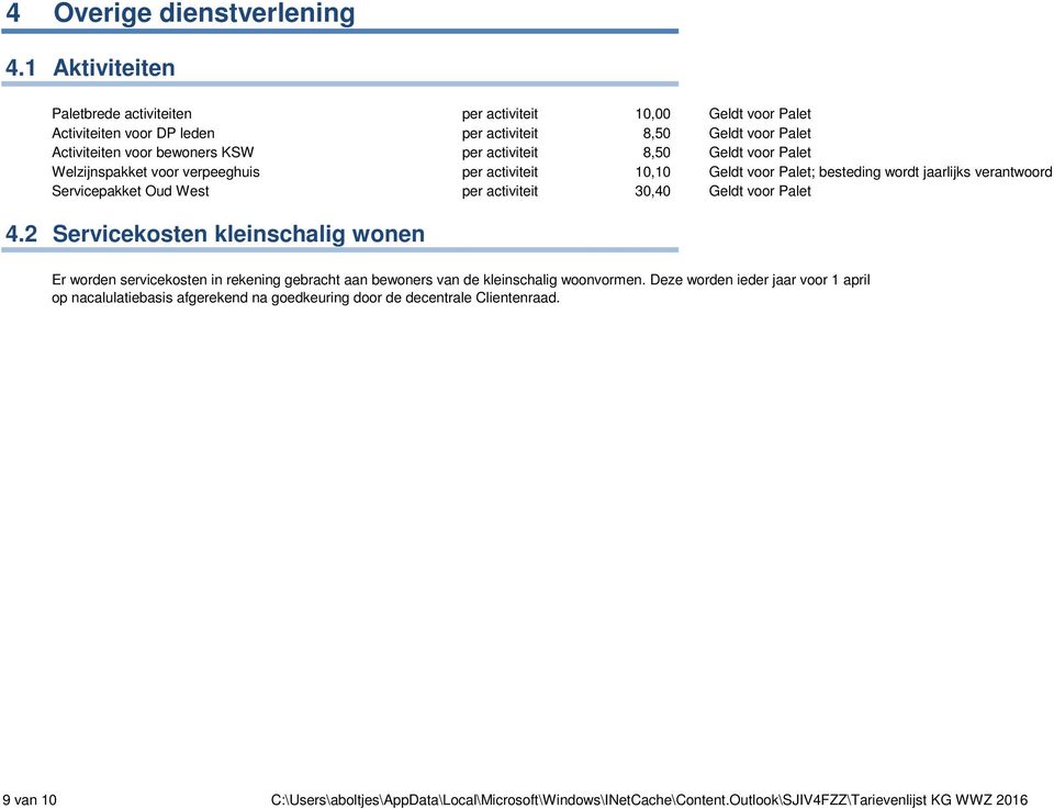 Geldt voor Palet Welzijnspakket voor verpeeghuis per activiteit 10,10 Geldt voor Palet; besteding wordt jaarlijks verantwoord Servicepakket Oud West per activiteit 30,40 Geldt voor Palet 4.