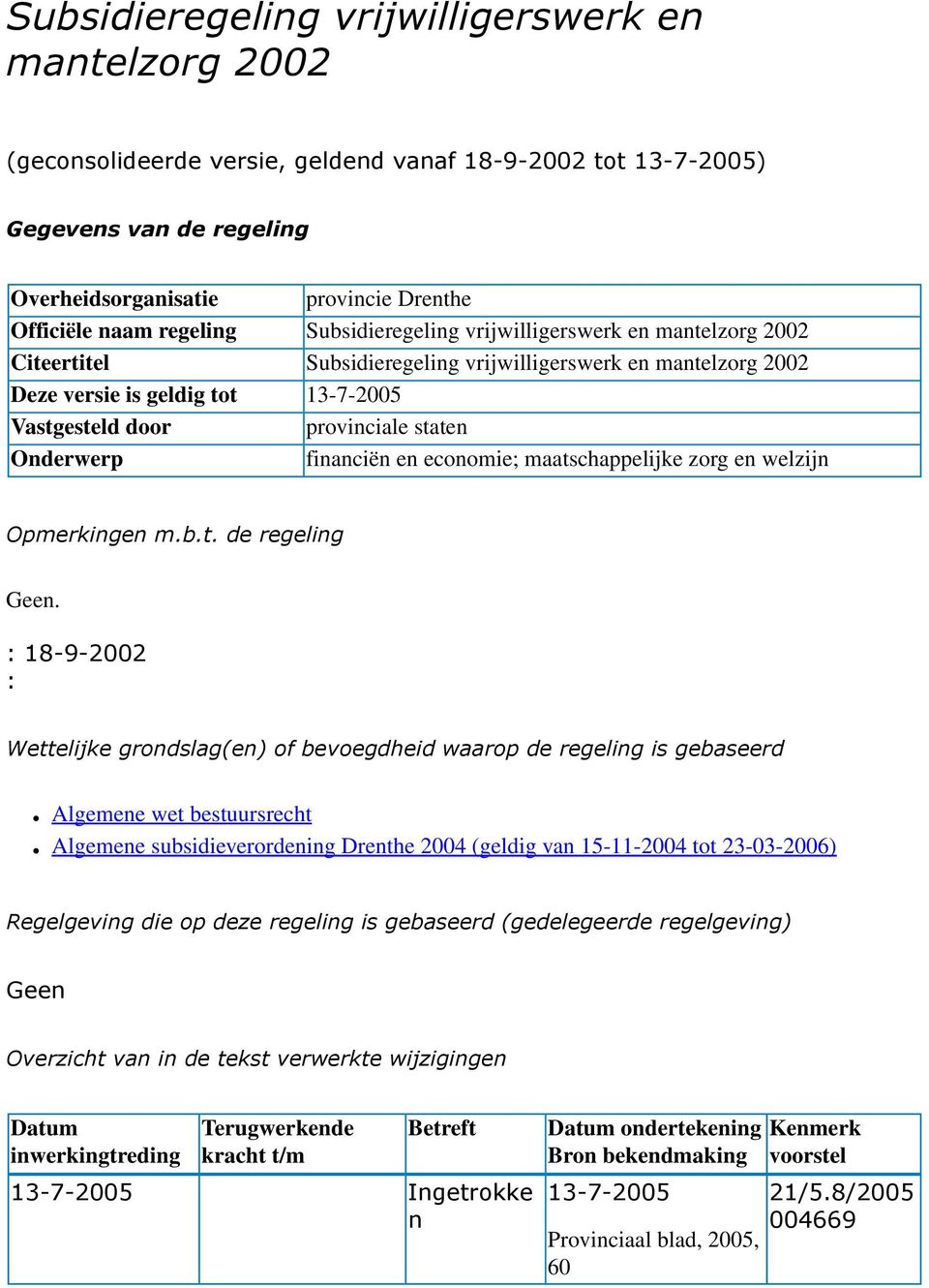 staten Onderwerp financiën en economie; maatschappelijke zorg en welzijn Opmerkingen m.b.t. de regeling Geen.