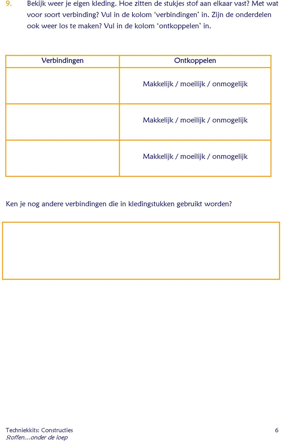 Verbindingen Ontkoppelen Makkelijk / moeilijk / onmogelijk Makkelijk / moeilijk / onmogelijk Makkelijk /