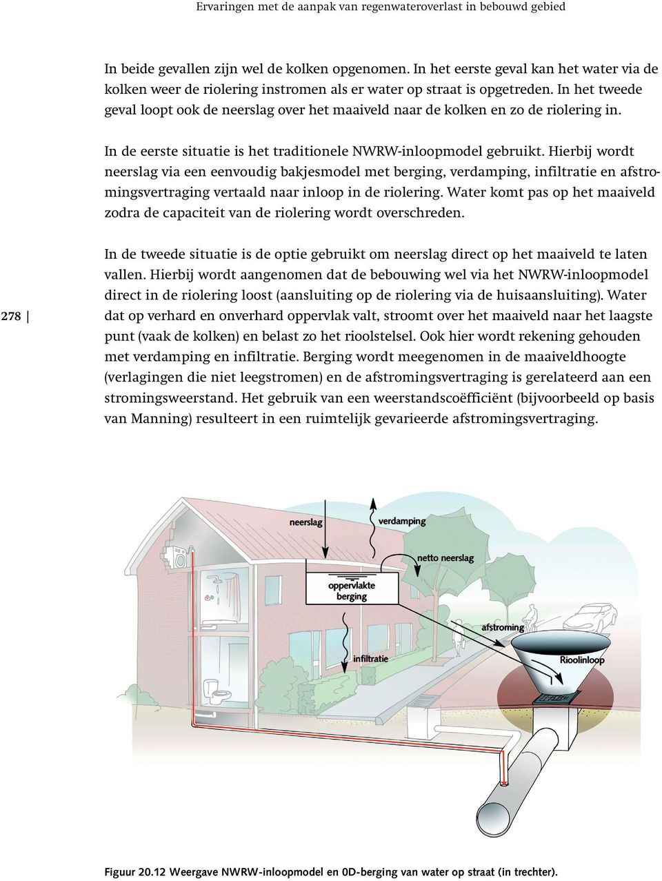 In het tweede geval loopt ook de neerslag over het maaiveld naar de kolken en zo de riolering in. In de eerste situatie is het traditionele NWRW-inloopmodel gebruikt.