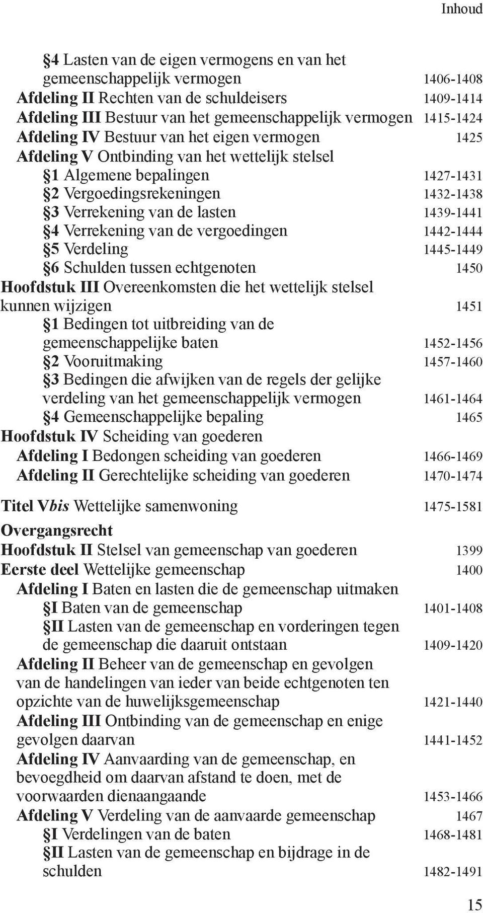 4 Verrekening van de vergoedingen 1442-1444 5 Verdeling 1445-1449 6 Schulden tussen echtgenoten 1450 Hoofdstuk III Overeenkomsten die het wettelijk stelsel kunnen wijzigen 1451 1 Bedingen tot