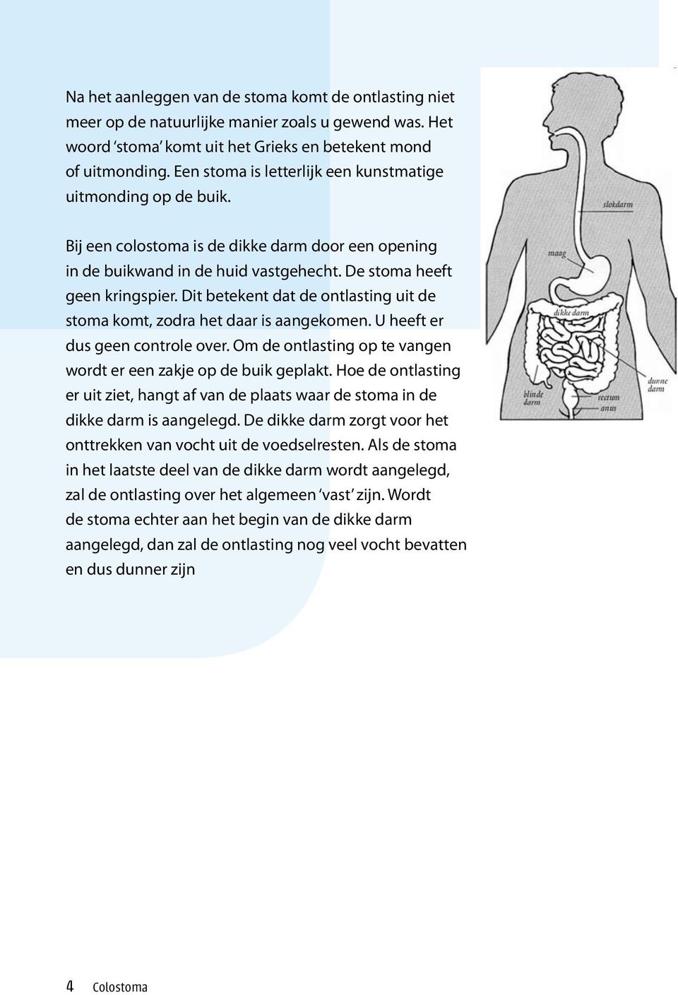 Dit betekent dat de ontlasting uit de stoma komt, zodra het daar is aangekomen. U heeft er dus geen controle over. Om de ontlasting op te vangen wordt er een zakje op de buik geplakt.