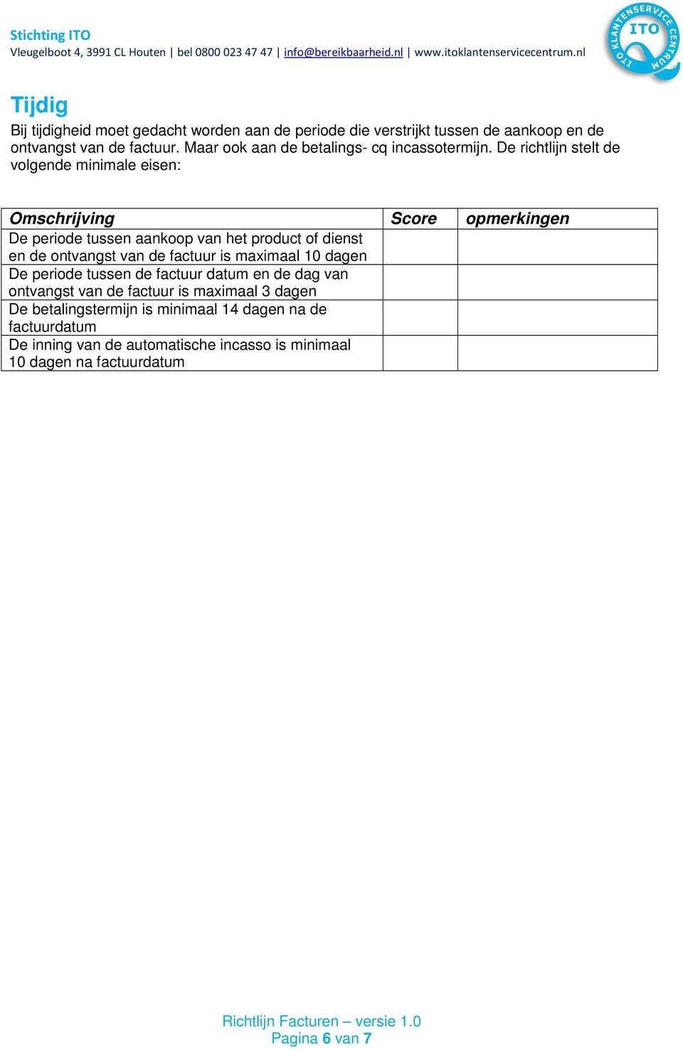 De richtlijn stelt de volgende minimale eisen: Omschrijving Score opmerkingen De periode tussen aankoop van het product of dienst en de ontvangst