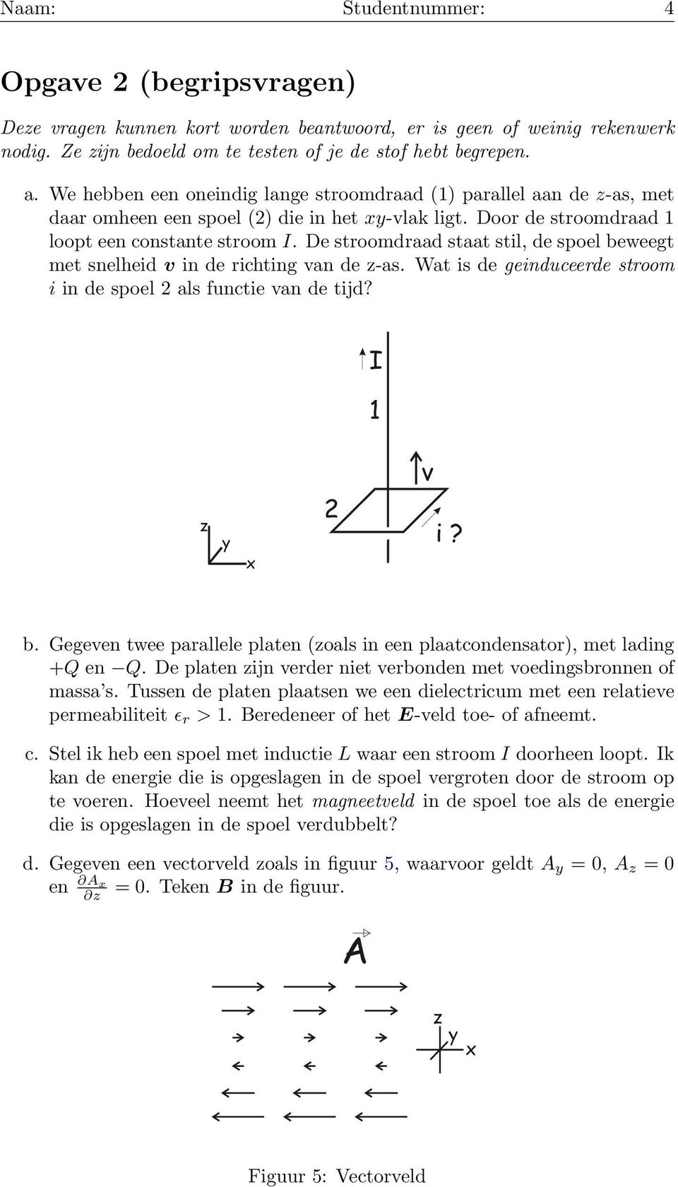 De stroomdraad staat stil, de spoel beweegt met snelheid v in de richting van de z-as. Wat is de geinduceerde stroom i in de spoel 2 als functie van de tijd? I 1 v z y x 2 i? b. Gegeven twee parallele platen (zoals in een plaatcondensator), met lading +Q en Q.