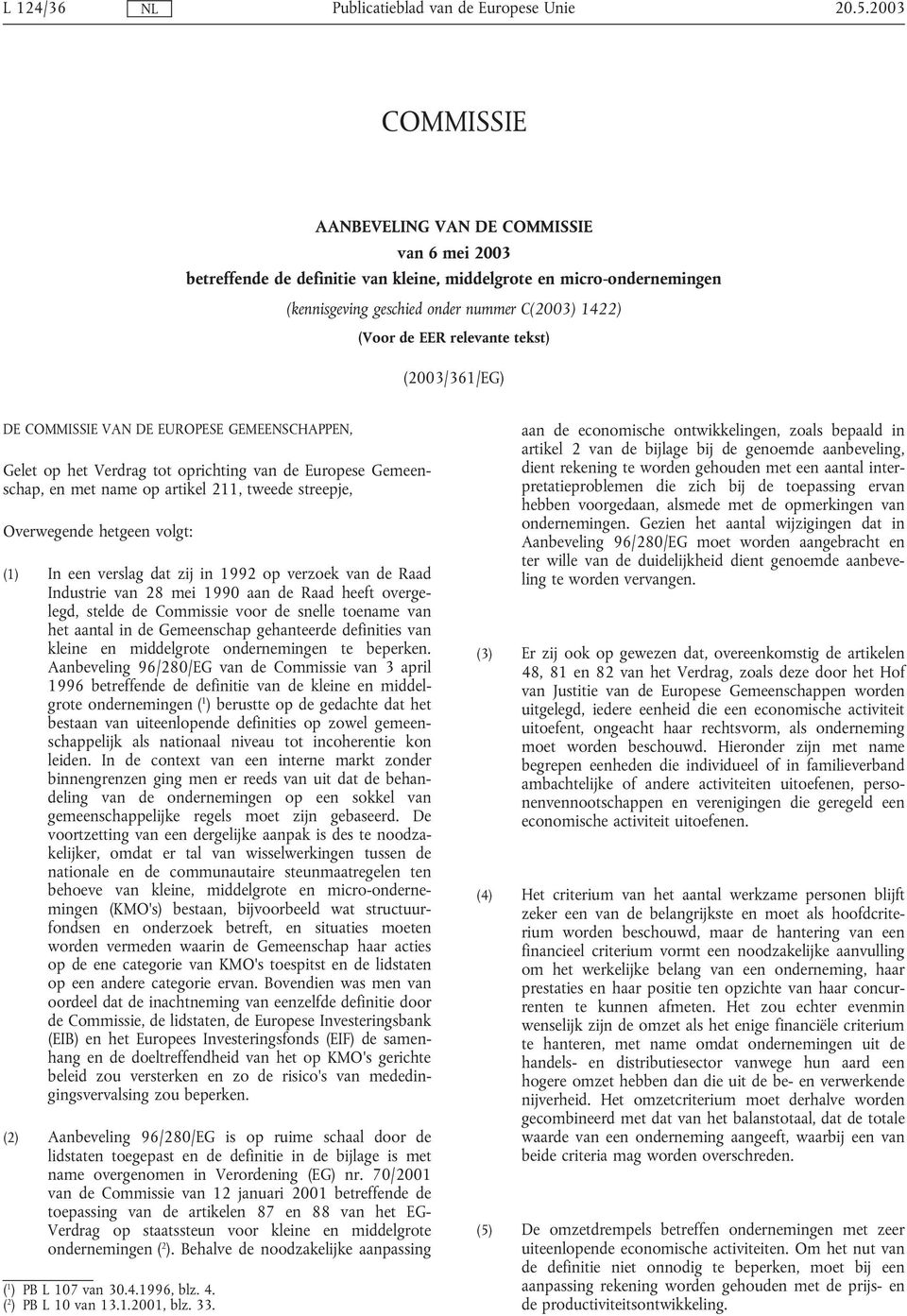 relevante tekst) (2003/361/EG) DE COMMISSIE VAN DE EUROPESE GEMEENSCHAPPEN, Gelet op het Verdrag tot oprichting van de Europese Gemeenschap, en met name op artikel 211, tweede streepje, Overwegende