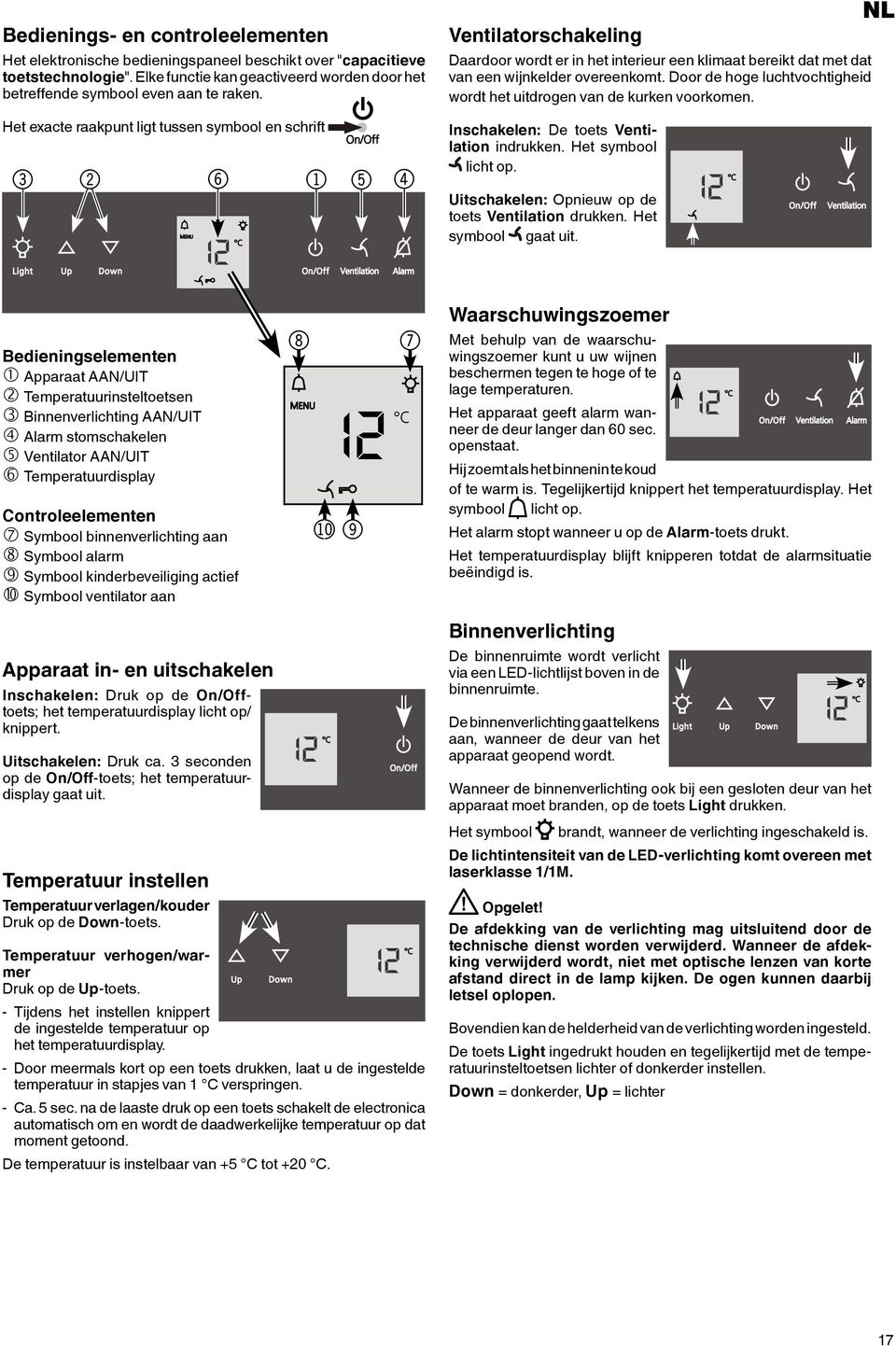 luchtvochtigheid wordt het uitdrogen van de kurken voorkomen Inschakelen: De toets Ventilation in Het symbool licht op Uitschakelen: Opnieuw op de toets Ventilation Het symbool gaat uit