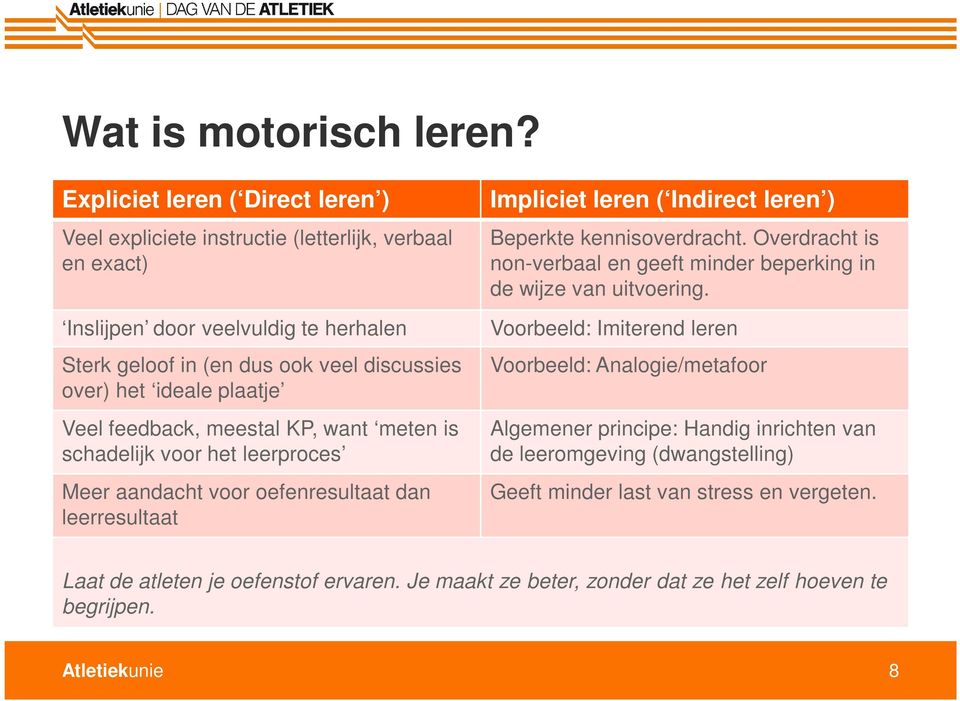 plaatje Veel feedback, meestal KP, want meten is schadelijk voor het leerproces Meer aandacht voor oefenresultaat dan leerresultaat Impliciet leren ( Indirect leren ) Beperkte