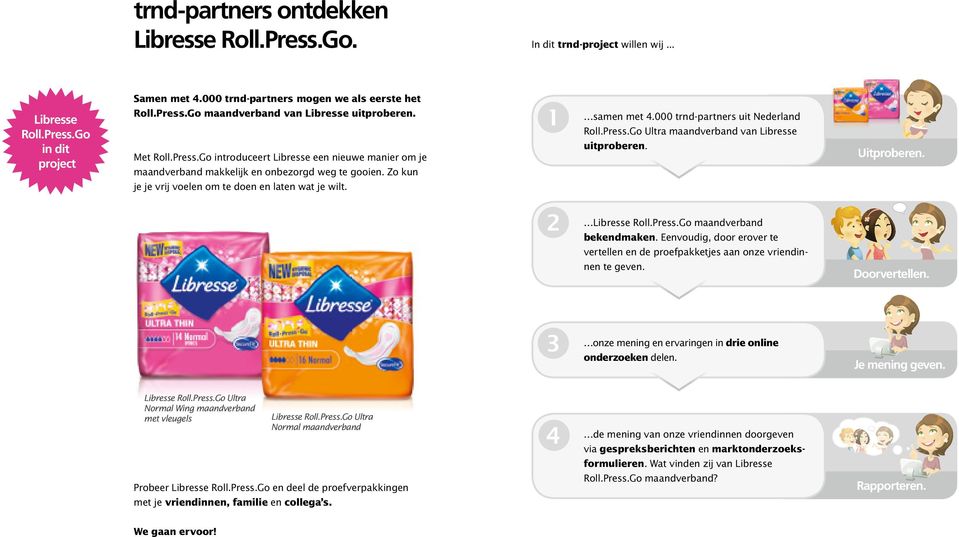 000 trnd-partners uit Nederland Roll.Press.Go Ultra maandverband van Libresse uitproberen. Uitproberen. Libresse Roll.Press.Go maandverband bekendmaken.