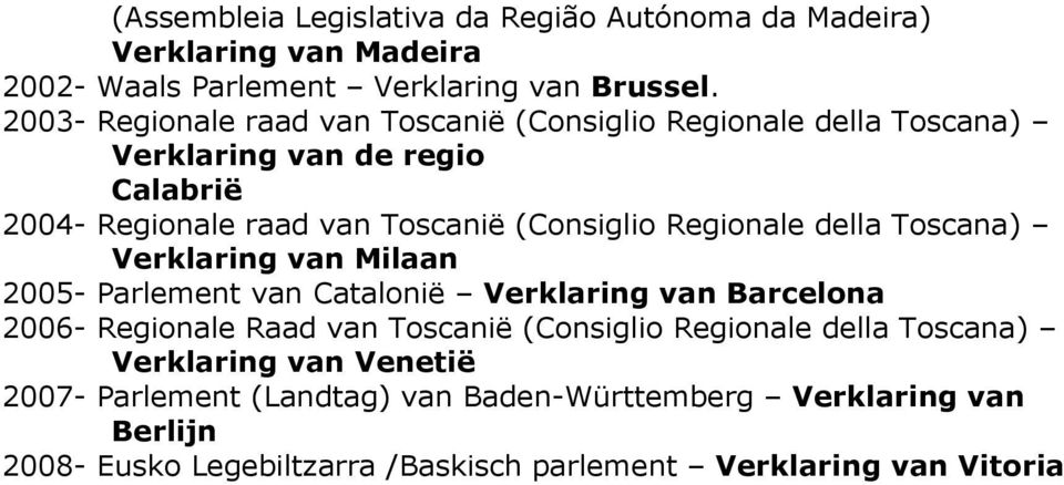 Regionale della Toscana) Verklaring van Milaan 2005- Parlement van Catalonië Verklaring van Barcelona 2006- Regionale Raad van Toscanië (Consiglio