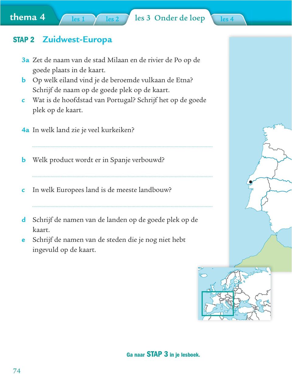 Schrijf het op de goede plek op de kaart. 4a In welk land zie je veel kurkeiken? b Welk product wordt er in Spanje verbouwd?