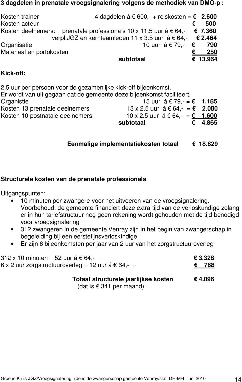 964 Kick-off: 2,5 uur per persoon voor de gezamenlijke kick-off bijeenkomst. Er wordt van uit gegaan dat de gemeente deze bijeenkomst faciliteert. Organistie 15 uur á 79,- = 1.