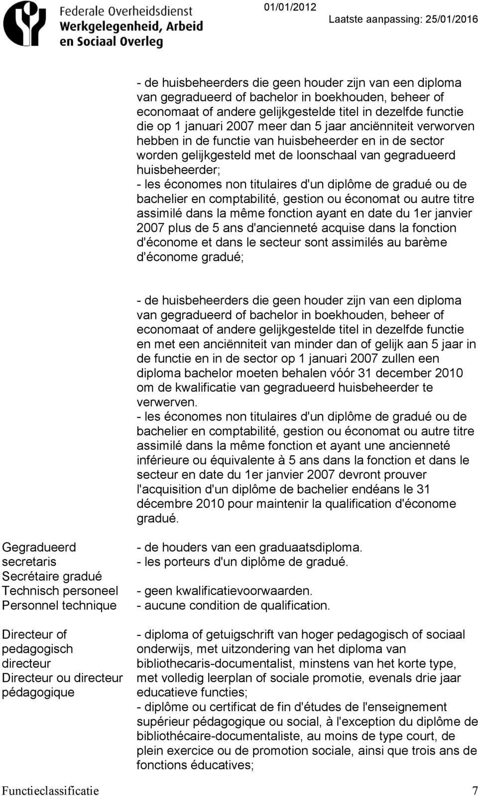 diplôme de gradué ou de bachelier en comptabilité, gestion ou économat ou autre titre assimilé dans la même fonction ayant en date du 1er janvier 2007 plus de 5 ans d'ancienneté acquise dans la