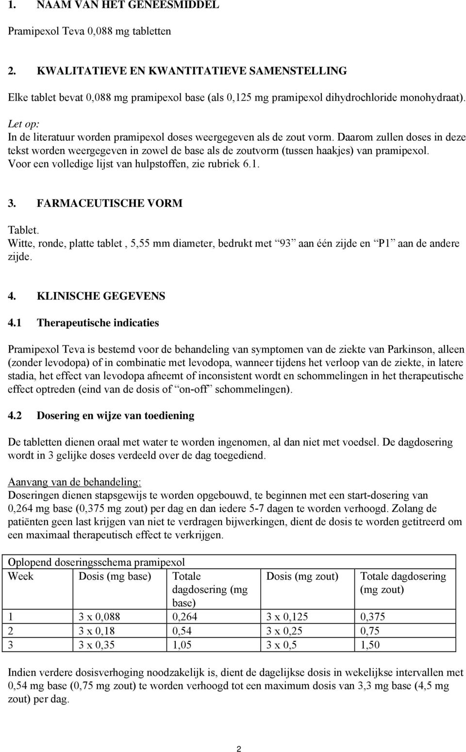 Let op: In de literatuur worden pramipexol doses weergegeven als de zout vorm. Daarom zullen doses in deze tekst worden weergegeven in zowel de base als de zoutvorm (tussen haakjes) van pramipexol.