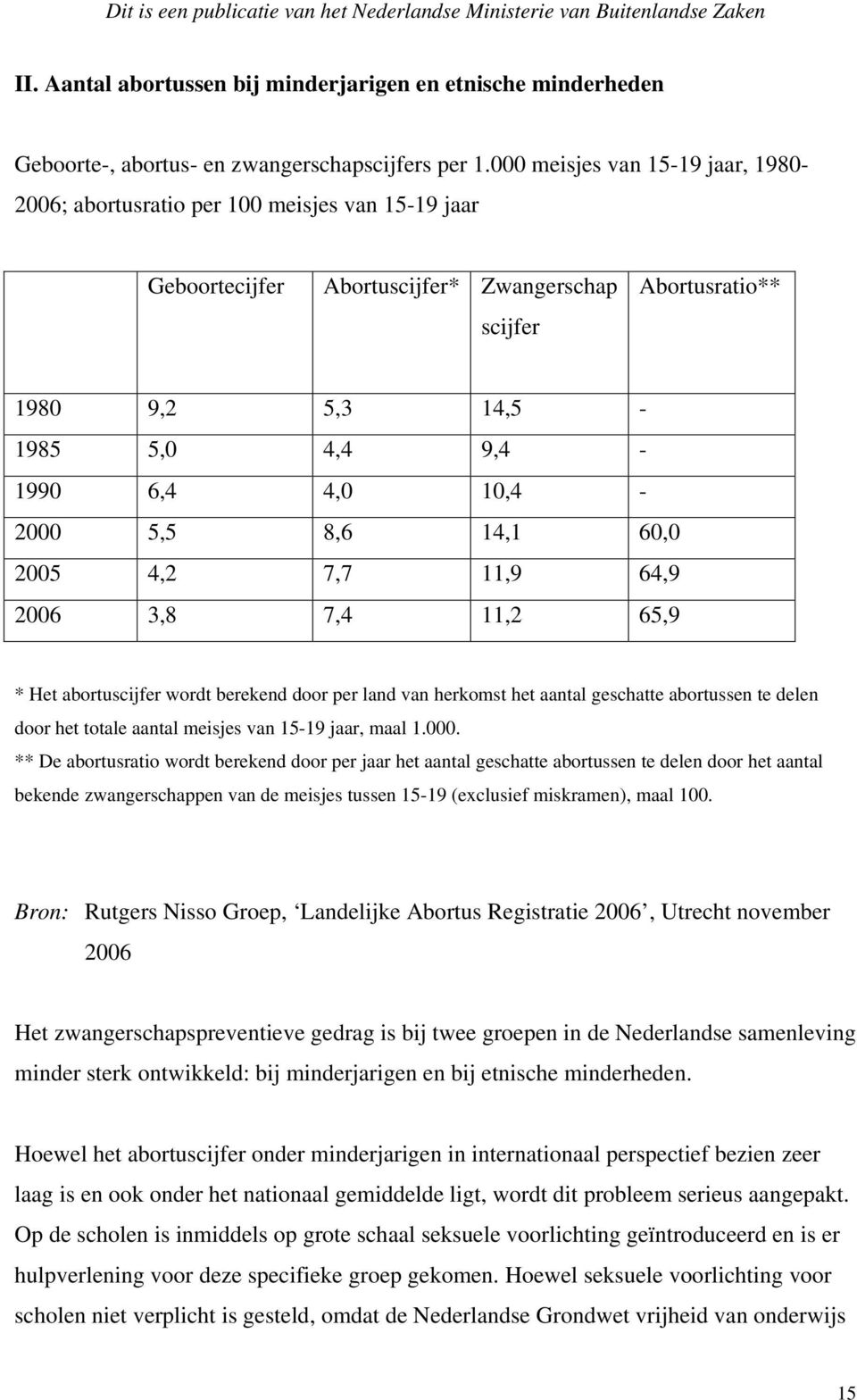 10,4-2000 5,5 8,6 14,1 60,0 2005 4,2 7,7 11,9 64,9 2006 3,8 7,4 11,2 65,9 * Het abortuscijfer wordt berekend door per land van herkomst het aantal geschatte abortussen te delen door het totale aantal