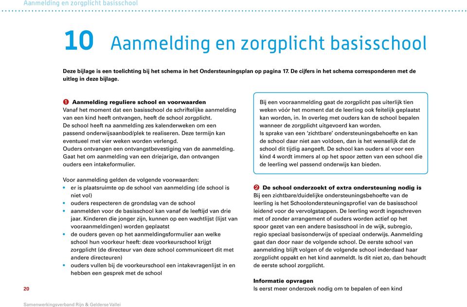 ➊ Aanmelding reguliere school en voorwaarden Vanaf het moment dat een basisschool de schriftelijke aanmelding van een kind heeft ontvangen, heeft de school zorgplicht.