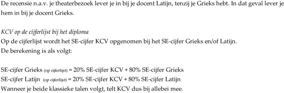 KCV op de cijferlijst bij het diploma Op de cijferlijst wordt het SE-cijfer KCV opgenomen bij het SE-cijfer Grieks en/of Latijn.