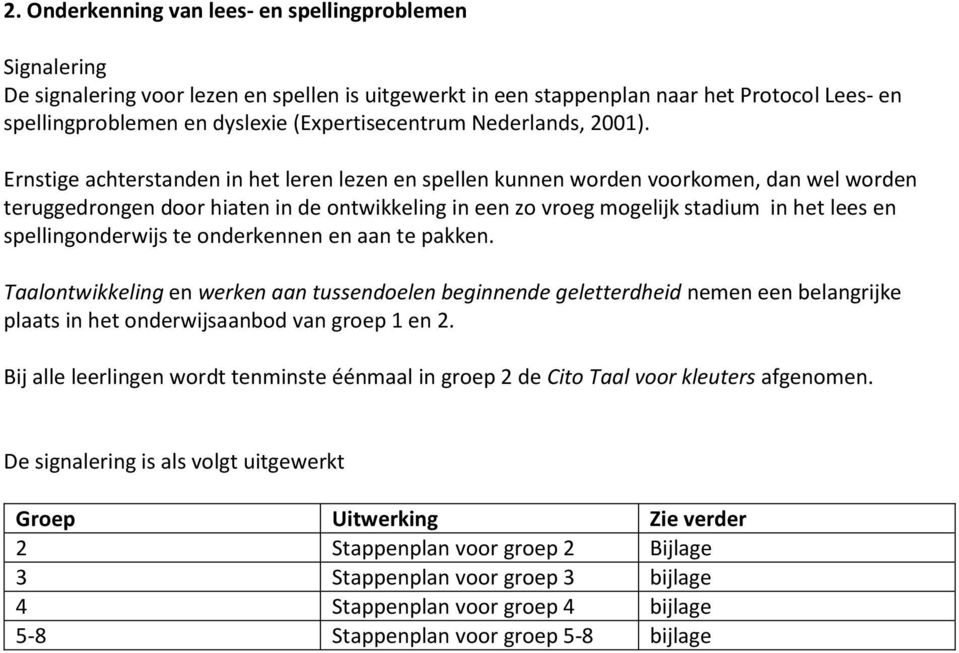 Ernstige achterstanden in het leren lezen en spellen kunnen worden voorkomen, dan wel worden teruggedrongen door hiaten in de ontwikkeling in een zo vroeg mogelijk stadium in het lees en