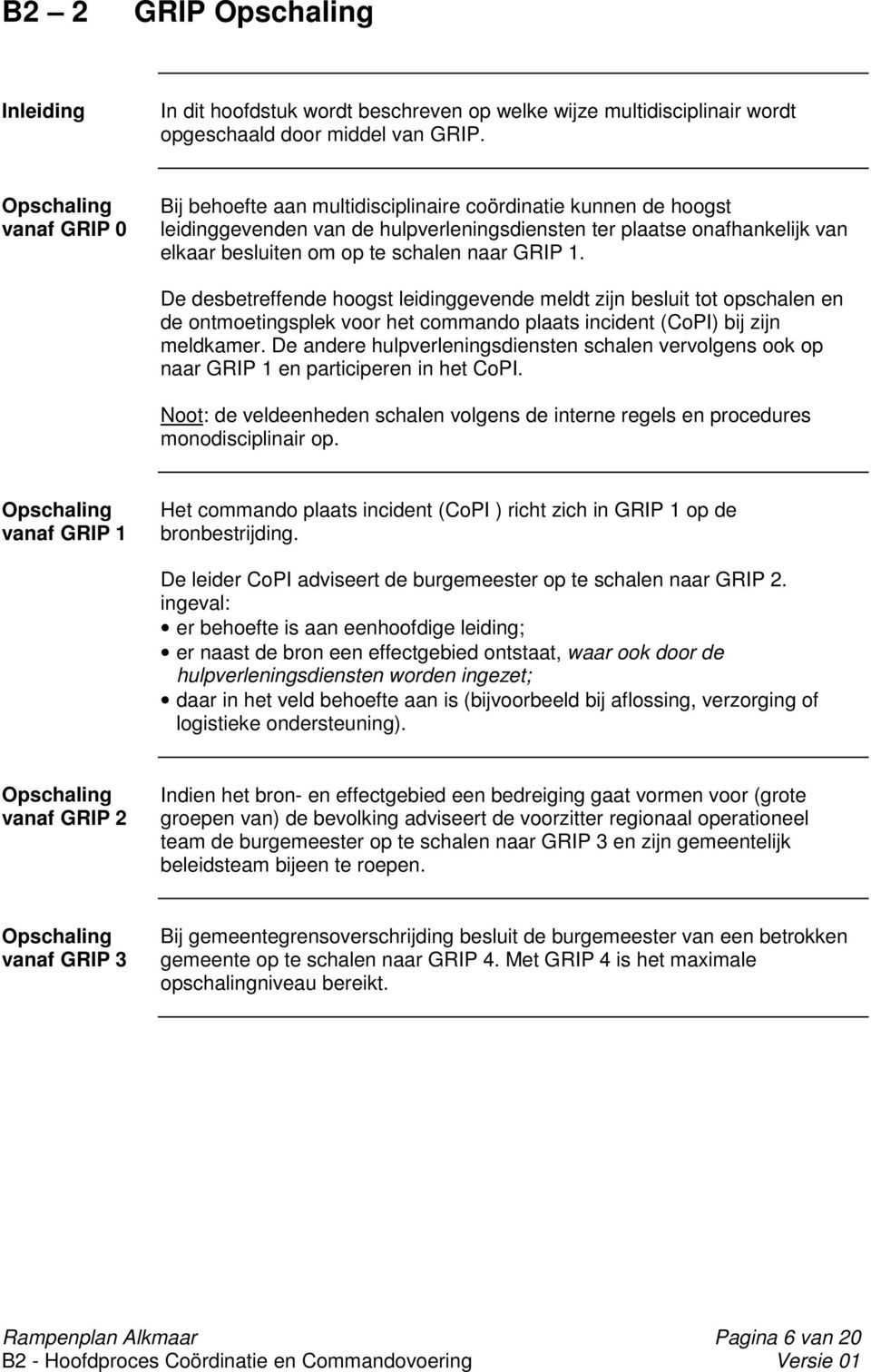 naar GRIP 1. De desbetreffende hoogst leidinggevende meldt zijn besluit tot opschalen en de ontmoetingsplek voor het commando plaats incident (CoPI) bij zijn meldkamer.