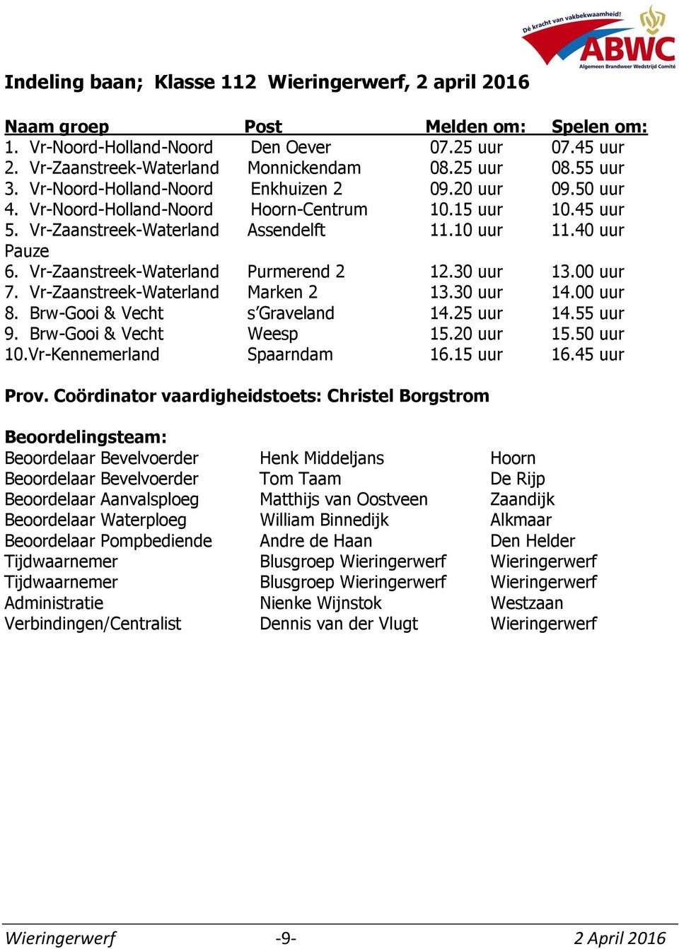 40 uur Pauze 6. Vr-Zaanstreek-Waterland Purmerend 2 12.30 uur 13.00 uur 7. Vr-Zaanstreek-Waterland Marken 2 13.30 uur 14.00 uur 8. Brw-Gooi & Vecht s Graveland 14.25 uur 14.55 uur 9.
