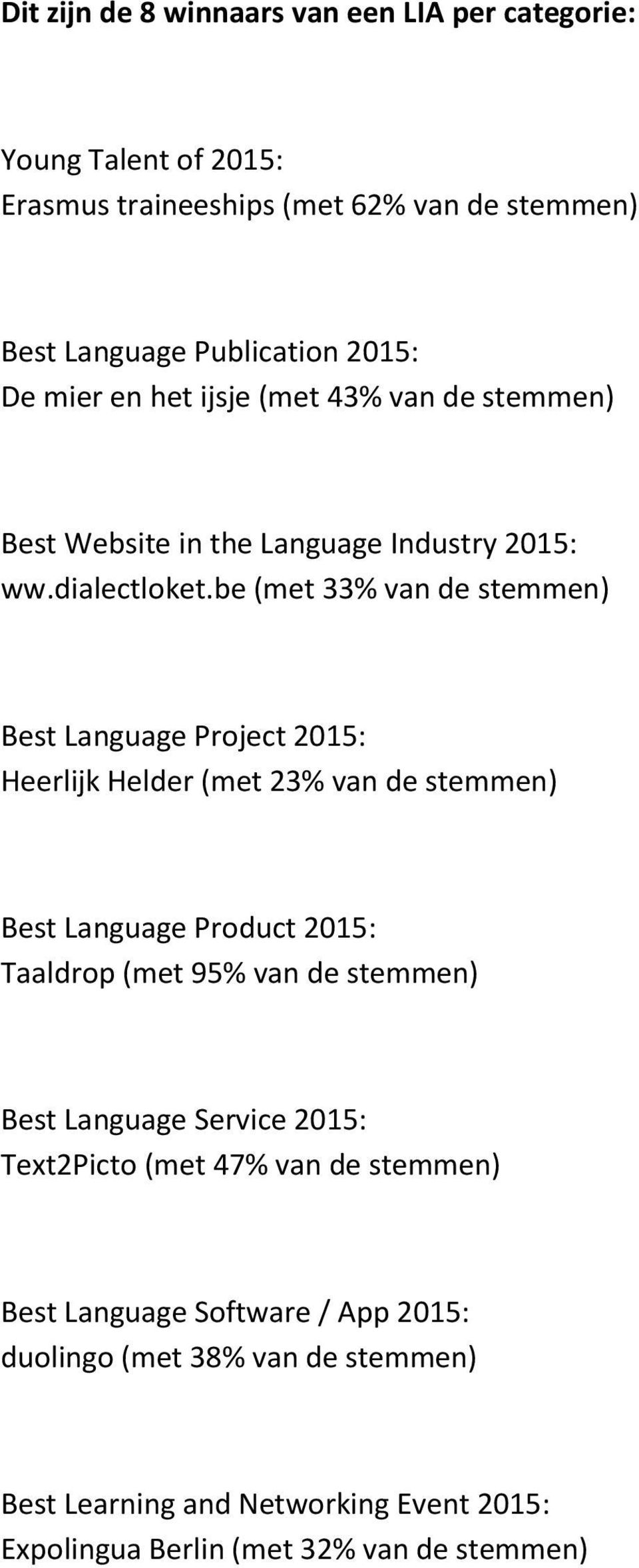 be (met 33% van de stemmen) Best Language Project 2015: Heerlijk Helder (met 23% van de stemmen) Best Language Product 2015: Taaldrop (met 95% van de